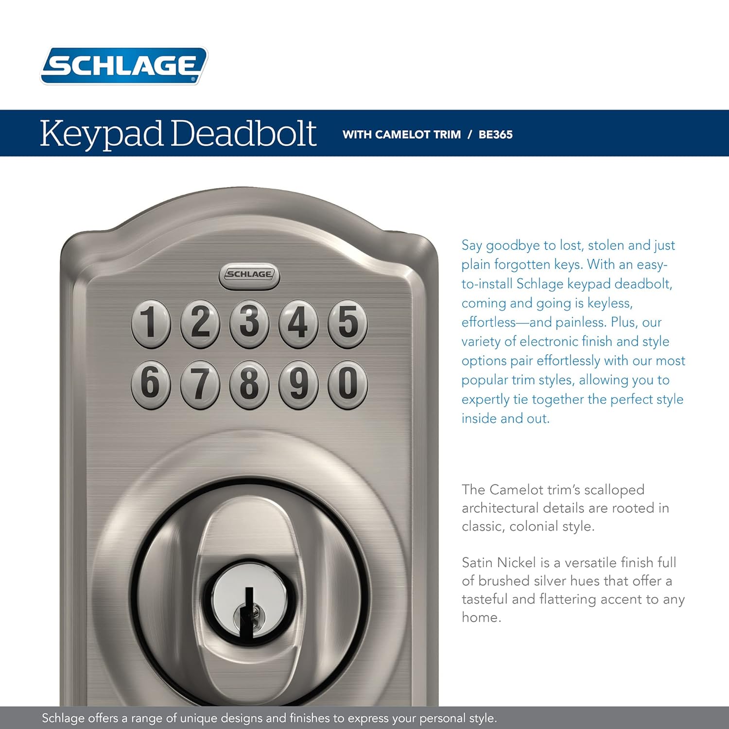 Schlage BE365VCAM619 Camelot Keypad Deadbolt, Satin Nickel