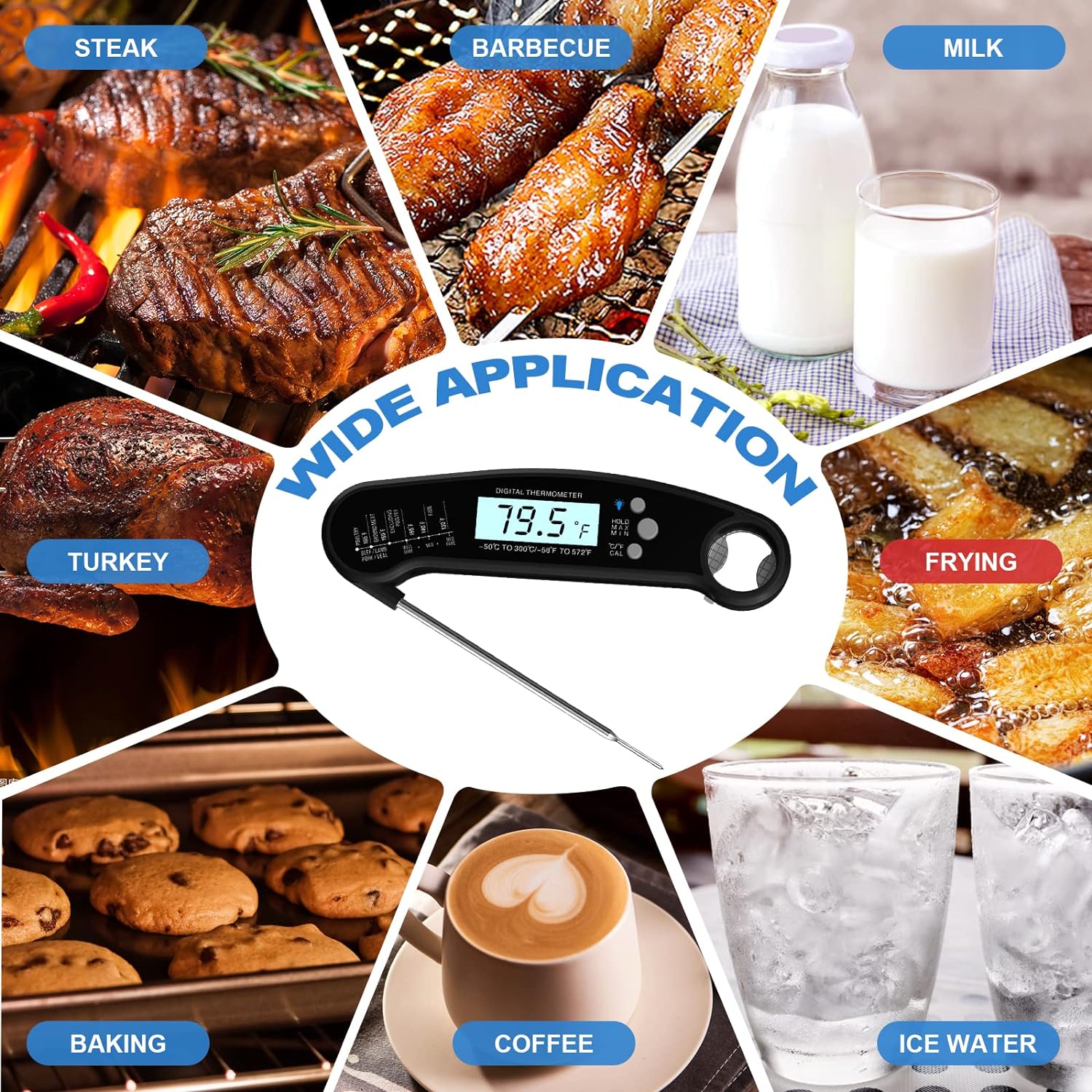 Digital Meat Thermometer with Probe, Instant Read Food Thermometer for Grilling BBQ, Kitchen Cooking, Baking, Liquids, Candy & Air Fryer - IP67 Waterproof, Backlight & Calibration - Black