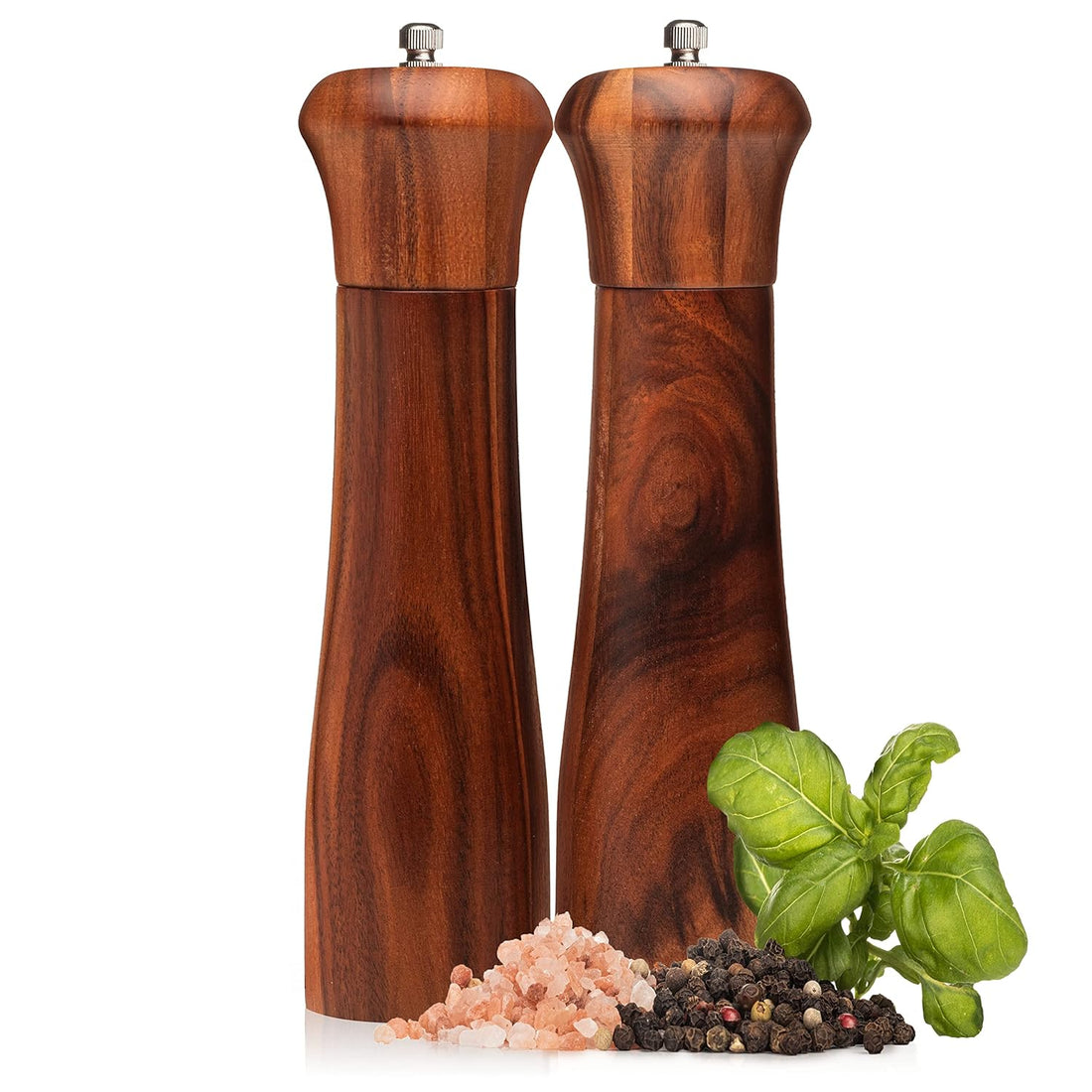 Wooden Salt and Pepper Grinder Set - Premium Acacia Wood Grinders with Adjustable Ceramic Grinding Mechanism - 8 inch Refillable Salt and Pepper Mills