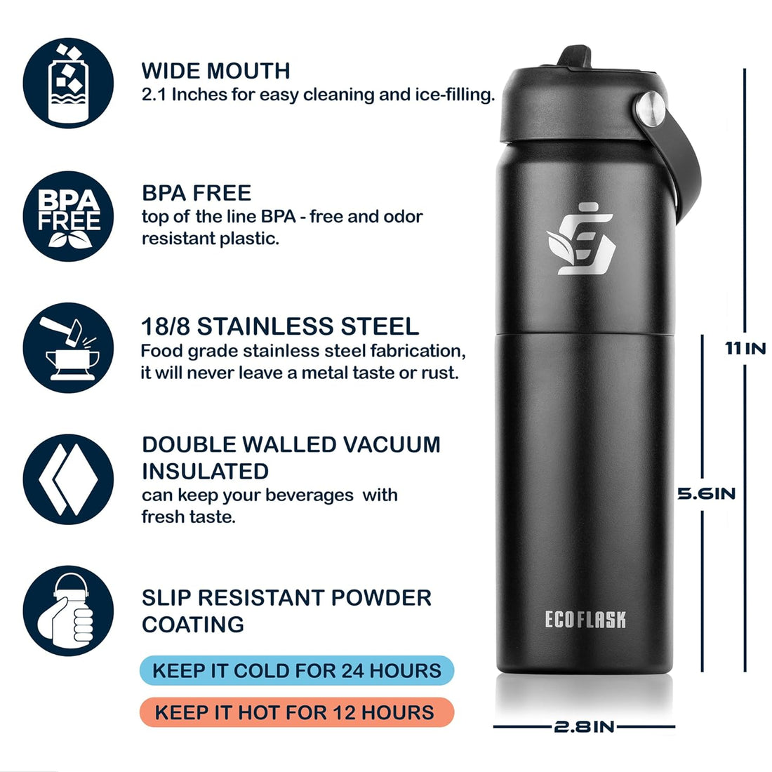 Eco Flask stainless steel vacuum insulated water bottle with straw - Detachable Cup - 3 lids metal water bottle Wide Mouth, Double Wall Sweat-Proof BPA-Free, 22oz (Black)