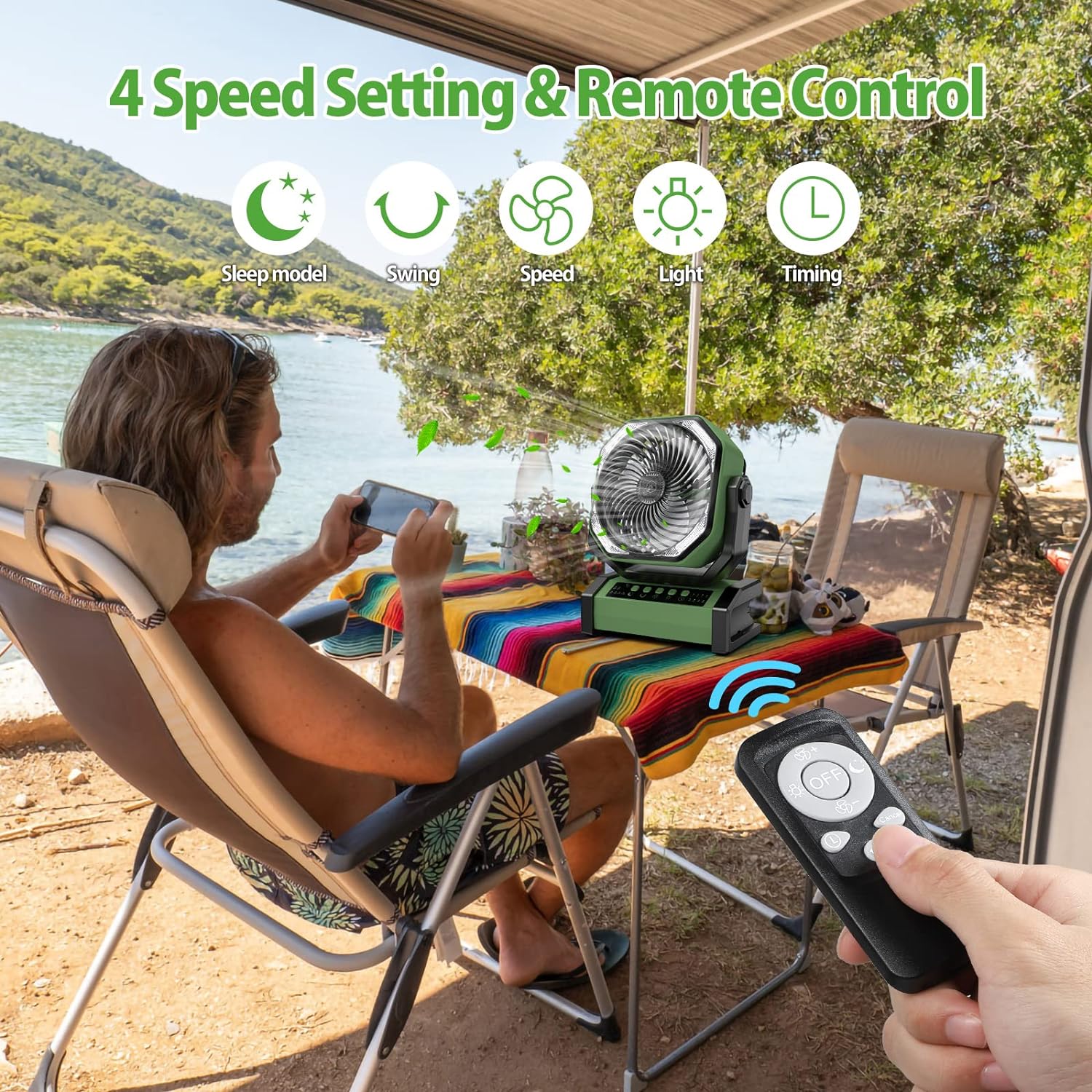 20000mAh Rechargeable Camping Fan with LED Light Auto-Oscillating Table Fan with Remote Control & Timer 8 inch Battery Operated Fan with Hook for Tent RV Car Travel Jobsite Hurricane Power Outage