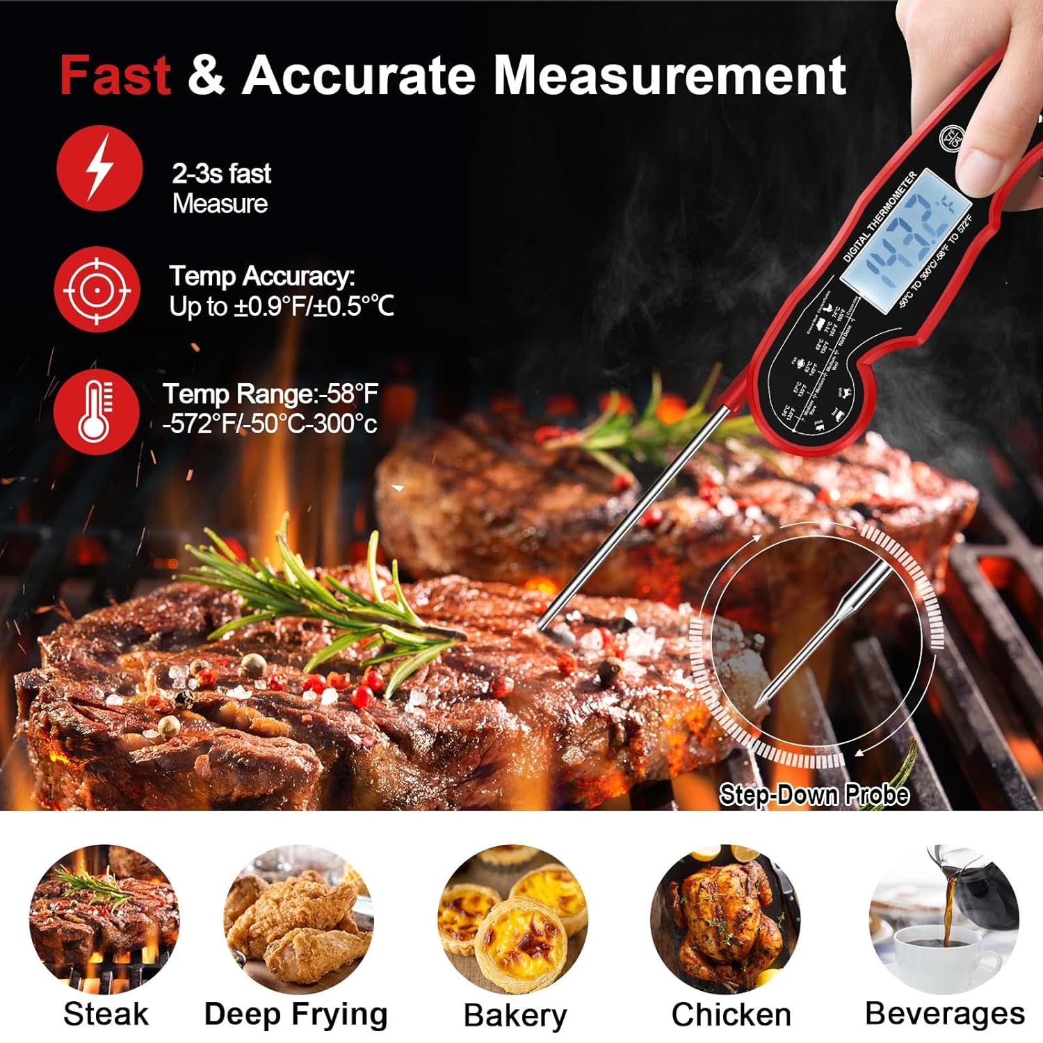 ANDAXIN Instant Read Meat Thermometer for Grill and Cooking, Waterproof Ultra-Fast Thermometer with Backlight & Calibration, Digital Food Thermometer for Cooking, Deep Fry, BBQ, Grill(Red/Black)