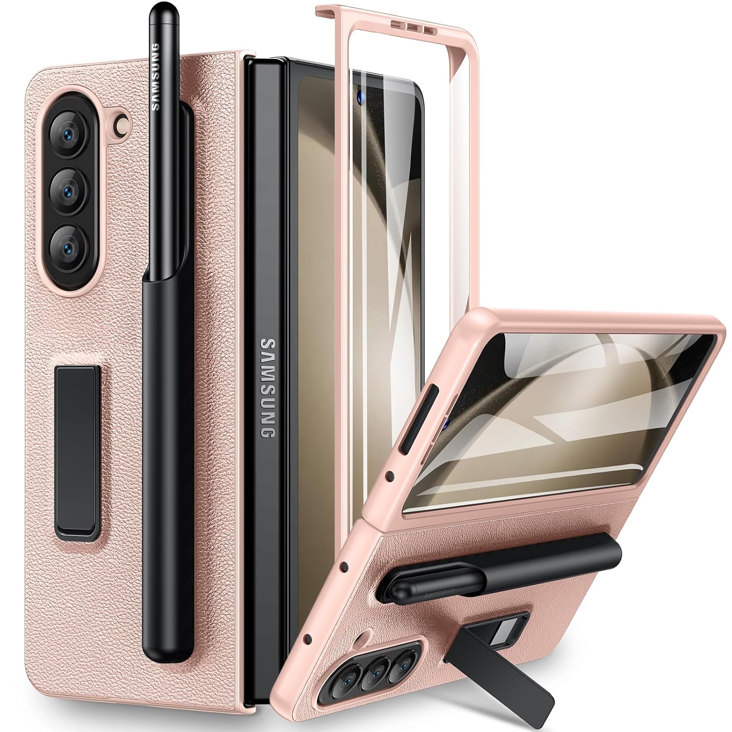 Maxdara for Samsung Galaxy Z Fold Case with S Pen Slot, Z Fold Case with Front Screen Protector Built-in Kickstand PU Leather Protective Case for Samsung Fold (Rose Gold)