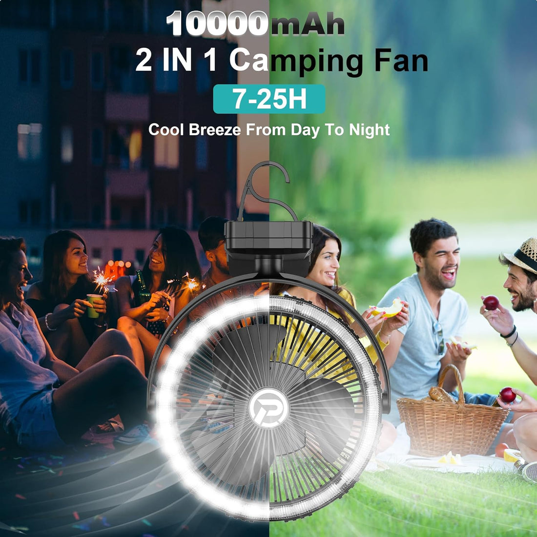 Battery Operated Fan, 10000mAh Camping Fan Battery Powered, 8'' Rechargeable Portable Desk Fan for Bedroom Office, Cordless Clip on Fan with Hook, Light for Golf Cart Outdoor Camping Tent RV Car Bed