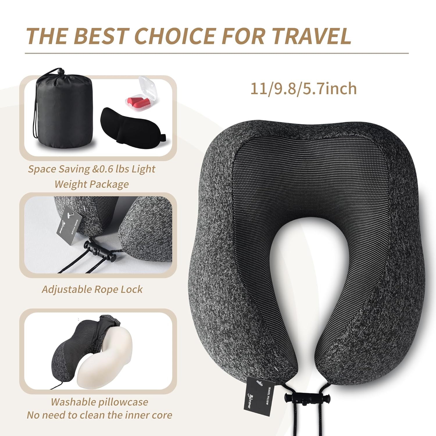 Travel Pillow 100% Pure Memory Foam Neck Pillow, Comfortable & Breathable Cover, Machine Washable, Airplane Travel Kit with 3D Contoured Eye Masks, Earplugs, and Luxury Bag, Standard (Dark Gray)