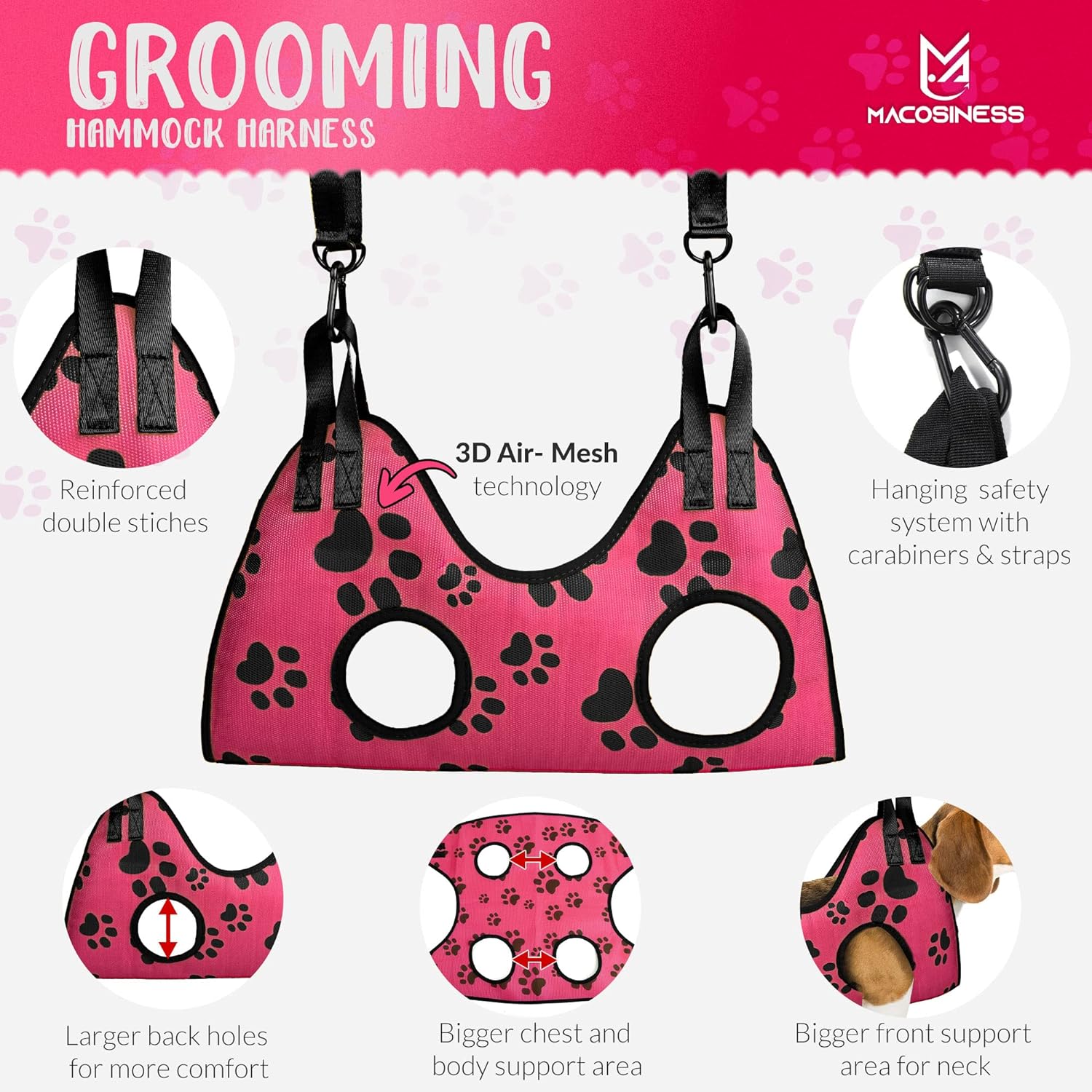 MAcosiness Pet Grooming Hammock for Nail Trimming - Complete Groomers Helper Set for Pet - Dog Grooming Hammock with Hook - Cat Nail Clipper - Dog Hammock for Nail Clipping (M, Pink with Black Paws)