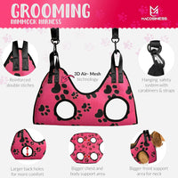 MAcosiness Pet Grooming Hammock for Nail Trimming - Complete Groomers Helper Set for Pet - Dog Grooming Hammock with Hook - Cat Nail Clipper - Dog Hammock for Nail Clipping (M, Pink with Black Paws)