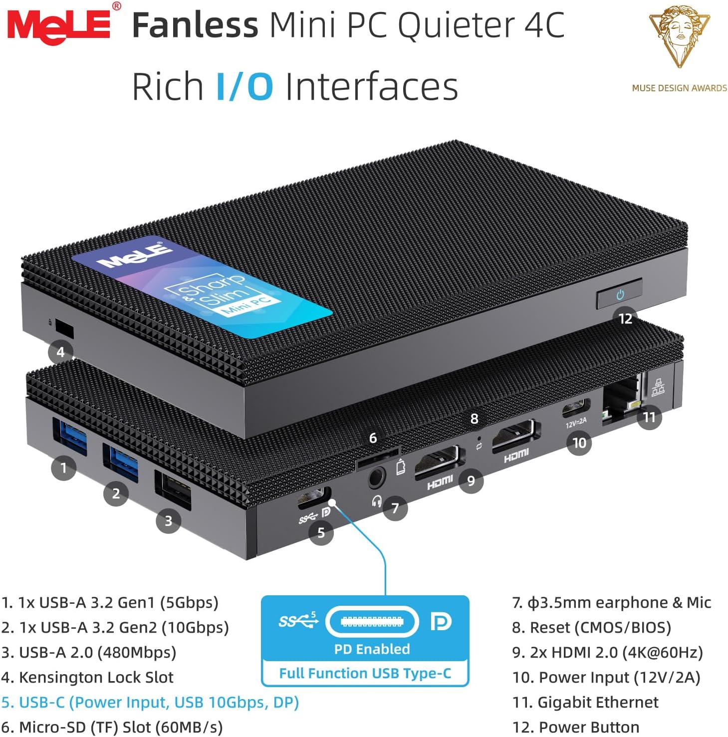 MeLE Fanless Mini PC Quieter 4C – Side View