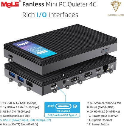 MeLE Fanless Mini PC Quieter 4C – Side View