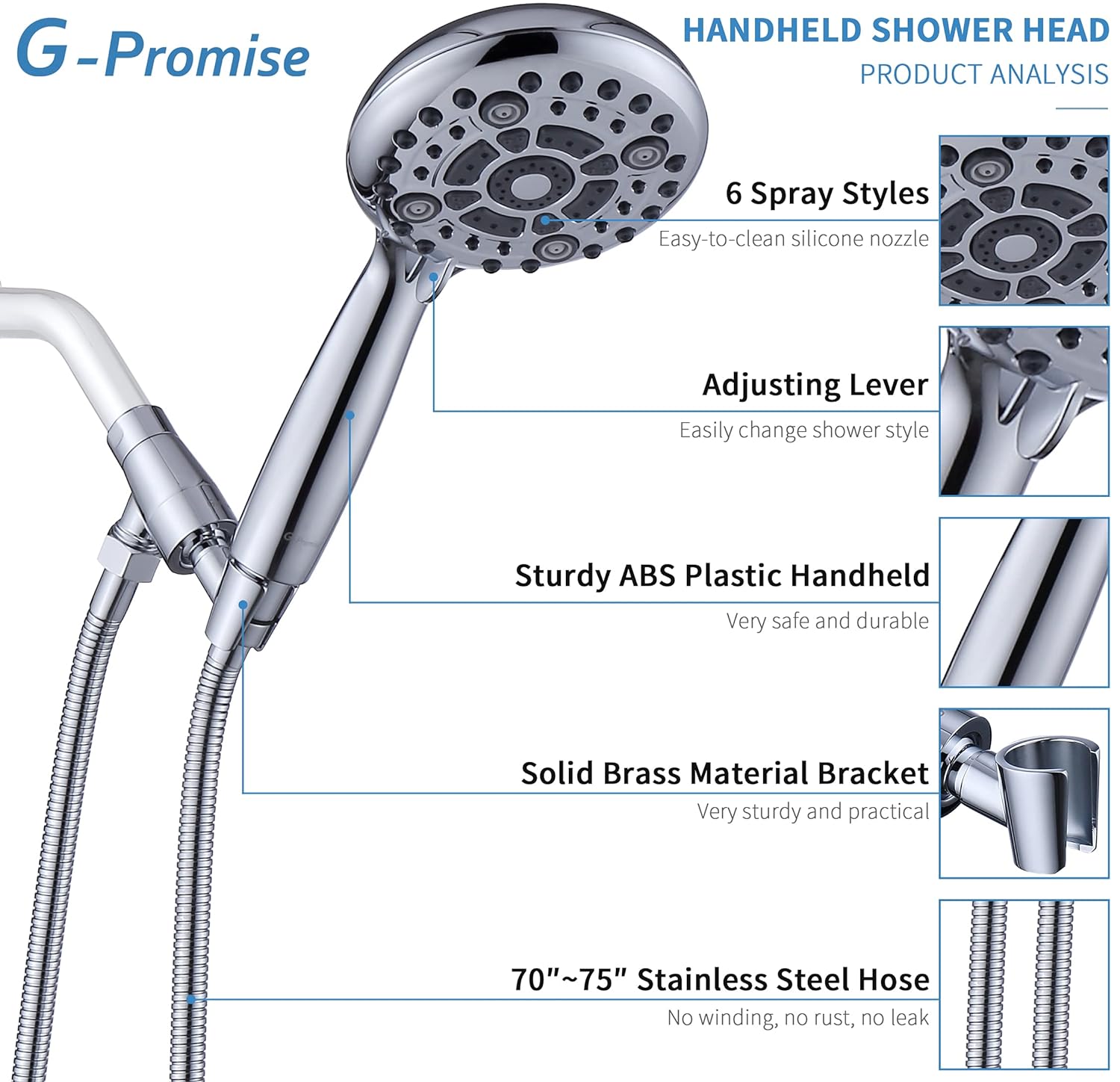 Handheld Shower Head High Pressure 6 Spray Settings, Detachable Hand Held Showerhead 4.9" Face with 70ââ‚¬Ëœââ‚¬â„¢ Extra Long Stainless-steel Flexible Hose and Metal Adjustable Bracket (Chrome)