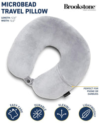 Brookstone Travel Pillow - 100% Microbead Comfort Classic Lightweight Ergonomic Fleece Airplane Head and Neck Pillow with Phone Pocket, Grey