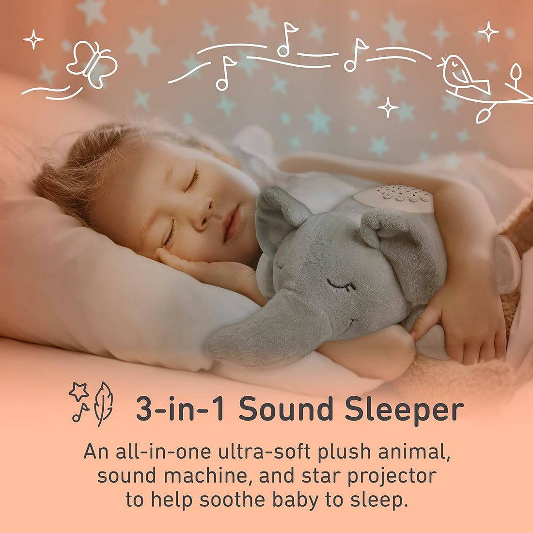PureBaby Sound Sleepers Portable Sound Machine & Star Projector - Plush Sleep Aid for Baby and Toddlers with Soothing Night Light Display, 10 Lullabies, White Noise, and Heartbeat Sounds (Elephant)