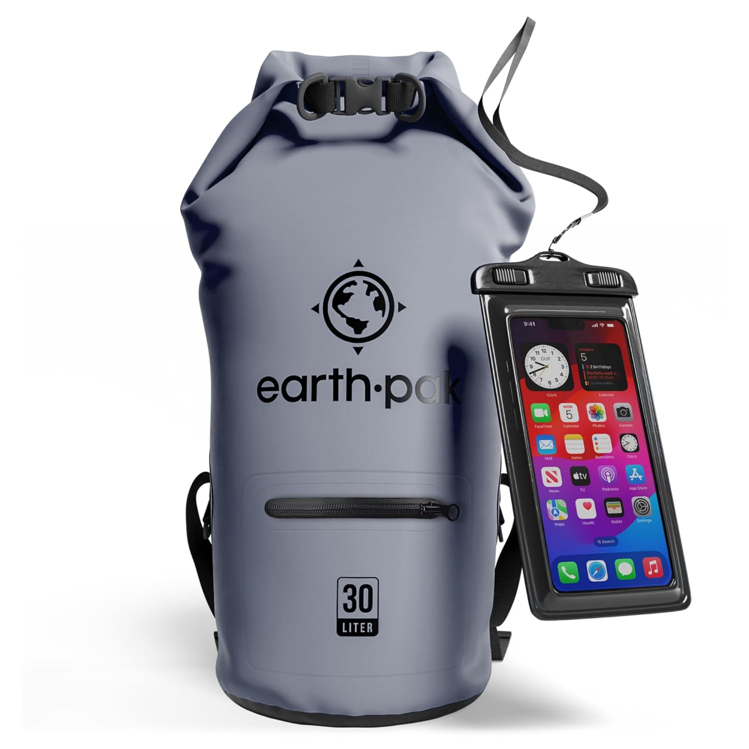 Earth Pak- Waterproof Dry Bag with Front Zippered Pocket Keeps Gear Dry for Kayaking, Beach, Rafting, Boating, Hiking, Camping and Fishing with Waterproof Phone Case