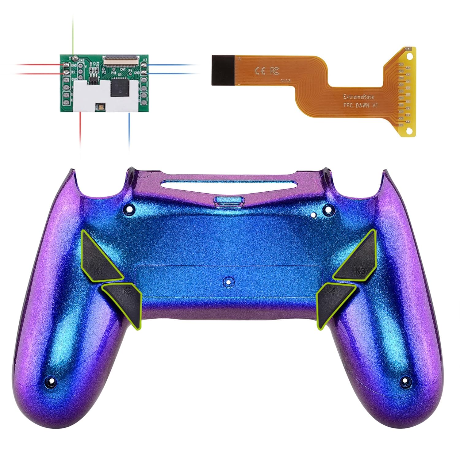 eXtremeRate Dawn Programable Remap Kit for PS4 Controller with Mod Chip & Redesigned Back Shell & 4 Back Buttons - Compatible with JDM-040/050/055 - Chameleon Purple Blue