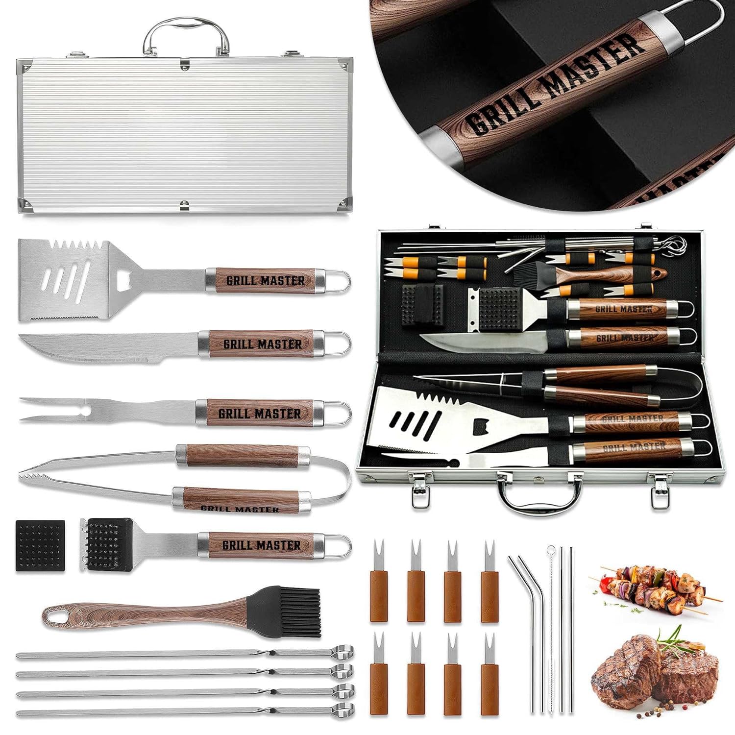 Macorner 25pcs Stainless Steel BBQ Grill Tool Set for Men - Grilling Accessories for Outdoor - Gift for Birthday Father's Day Christmas for Men Dad Grandpa Papa - Barbecue Tool Kit with Aluminum Case