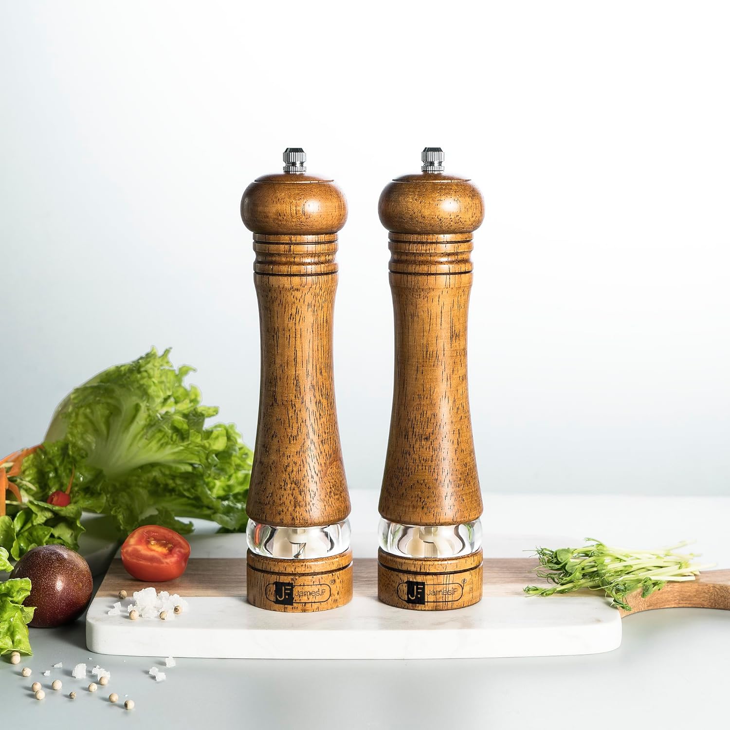 JF JAMES.F Wooden Salt and Pepper Grinder Set 8 inch Rubber Wood Salt and Pepper Mills Set of 2 with Acrylic Visible Window & Adjustable Ceramic Rotor