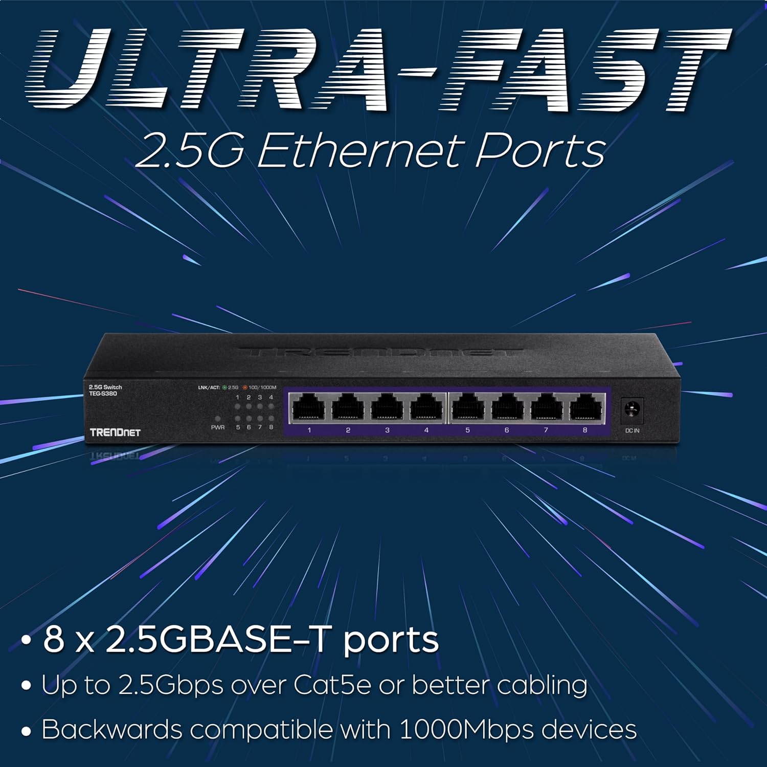 TRENDnet 8-Port Unmanaged 2.5G Switch, 8 x 2.5GBASE-T Ports, 40Gbps Switching Capacity, Backwards Compatible with 10-100-1000Mbps Devices, Fanless, Wall Mountable, Black, TEG-S380