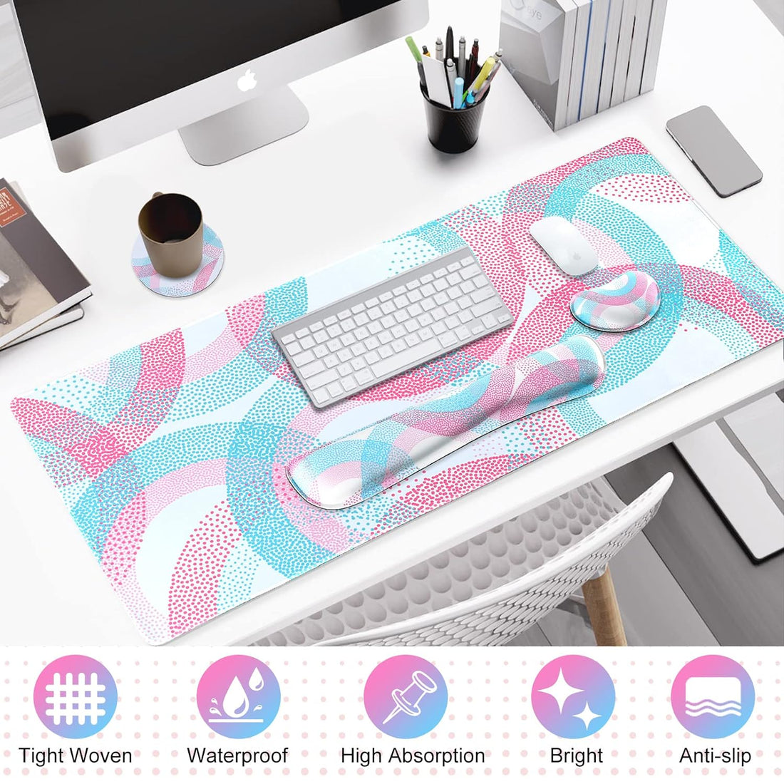 Large Gaming Mouse Pad,4in1 Extended Mousepad Set,Desk Pad+Keyboard Wrist Rest Pad+Mouse Mat with Wrist Support+Coaster,Waterproof Desk Mat Protector for Home Office Laptop Computer-Colorful Circle