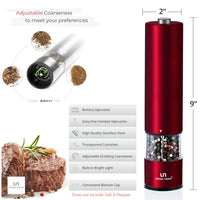 Electric Salt and Pepper Grinder Set - Battery Operated Stainless Steel Mill with Light (Pack of 2 Mills) - Automatic One Handed Operation - Electronic Adjustable Shakers - Ceramic Grinders