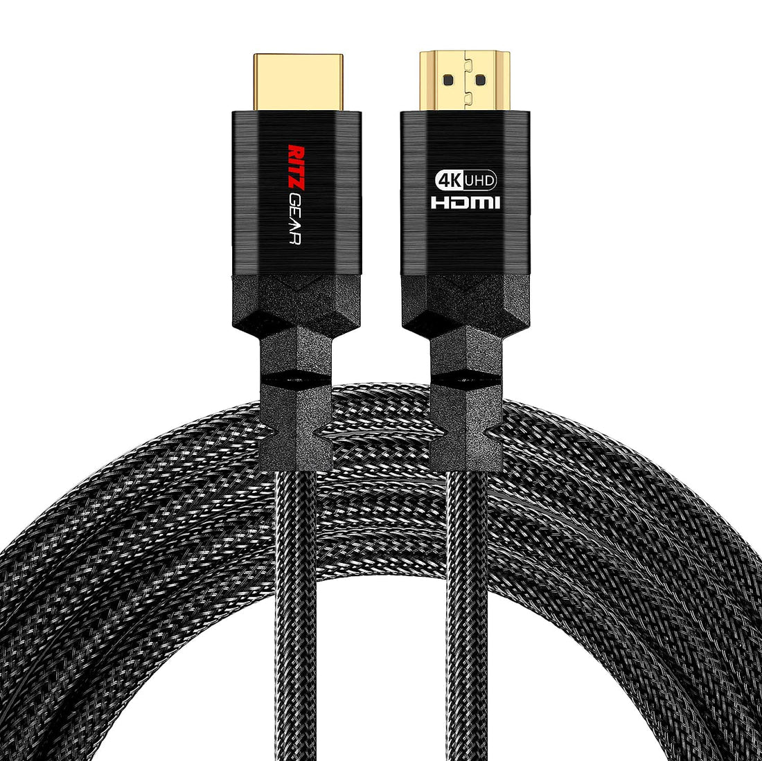 4K HDMI 2.0 Cable 30 ft. by RitzGear. 18 Gbps Ultra High Speed Braided Nylon Cord & Gold Connectors - 4K@60Hz/UHD/3D/2160p/1080p/ARC & Ethernet. Compatible with UHD TV/Monitor/PC/PS5/Xbox