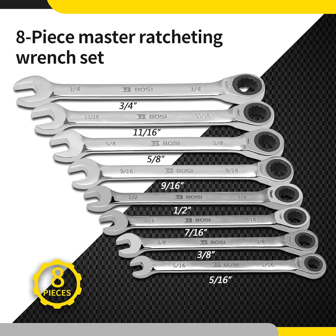 B BOSI TOOLS Ratcheting Wrench Set, SAE, 8-Piece, 5/16'', 3/8'', 7/16'', 1/2'', 9/16'', 5/8'', 11/16'', 3/4'', Chrome Vanadium steel, with Carrying Bag