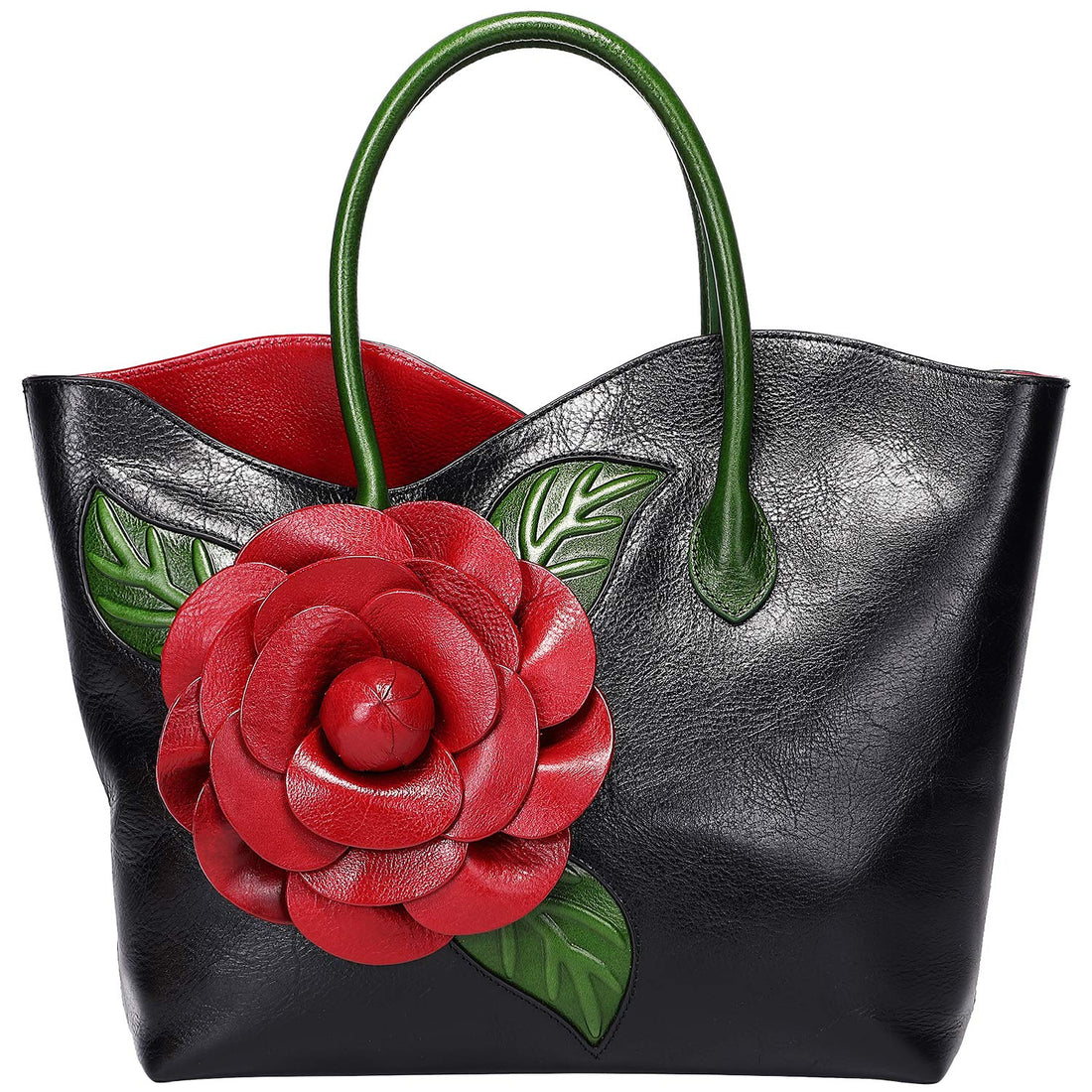 Pijushi Floral Shoulder Handbags Ladies Designer Handmade Flower Leather Tote Bag 8825 (Black)