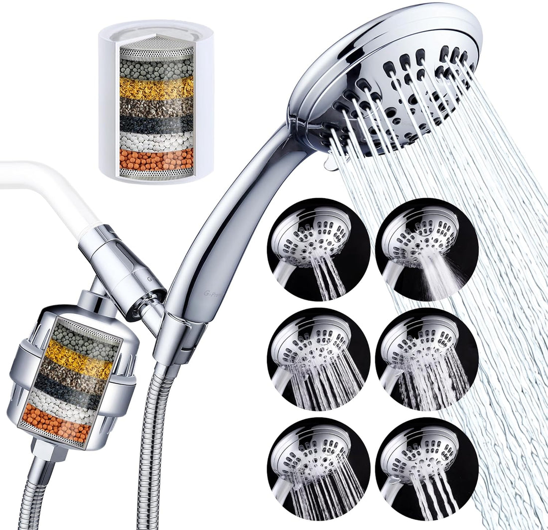 G-Promise Luxury Filtered Handheld Shower Head, Shower Set 6 Spray Showerhead with 10-Stage Filter of 2 Cartridges, Adjustable Metal Bracket, Extra Long Stretchable Hose, Chrome Finish