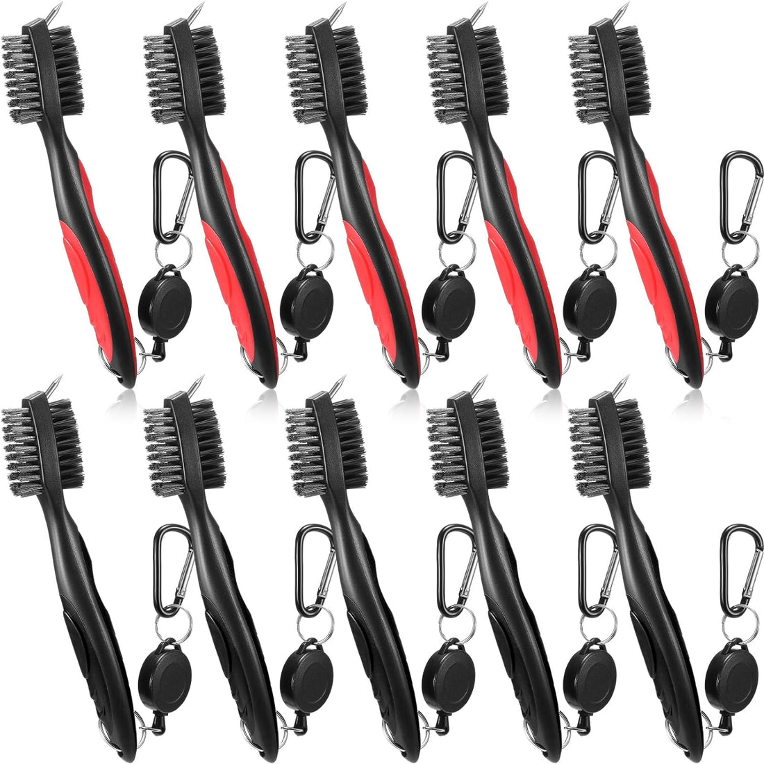 Mifoci 10 Pieces Golf Club Brush and Club Groove Cleaner with 2 ft Retractable Zip-line and Aluminum Hook Buckle Black Red Golf Scrub Brush Comfort Handle Cleaning Tools for Golf Club Bag