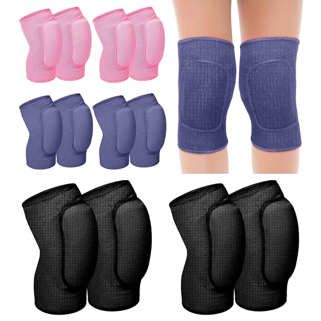 AFBORD 6 Pairs Volleyball Knee Pads, Soft Breathable Knee Brace, Non-slip Padded Knee Supports for Volleyball Football Soccer Dance Wrestling Running Cycling (One Size, Black,Blue, Pink,)