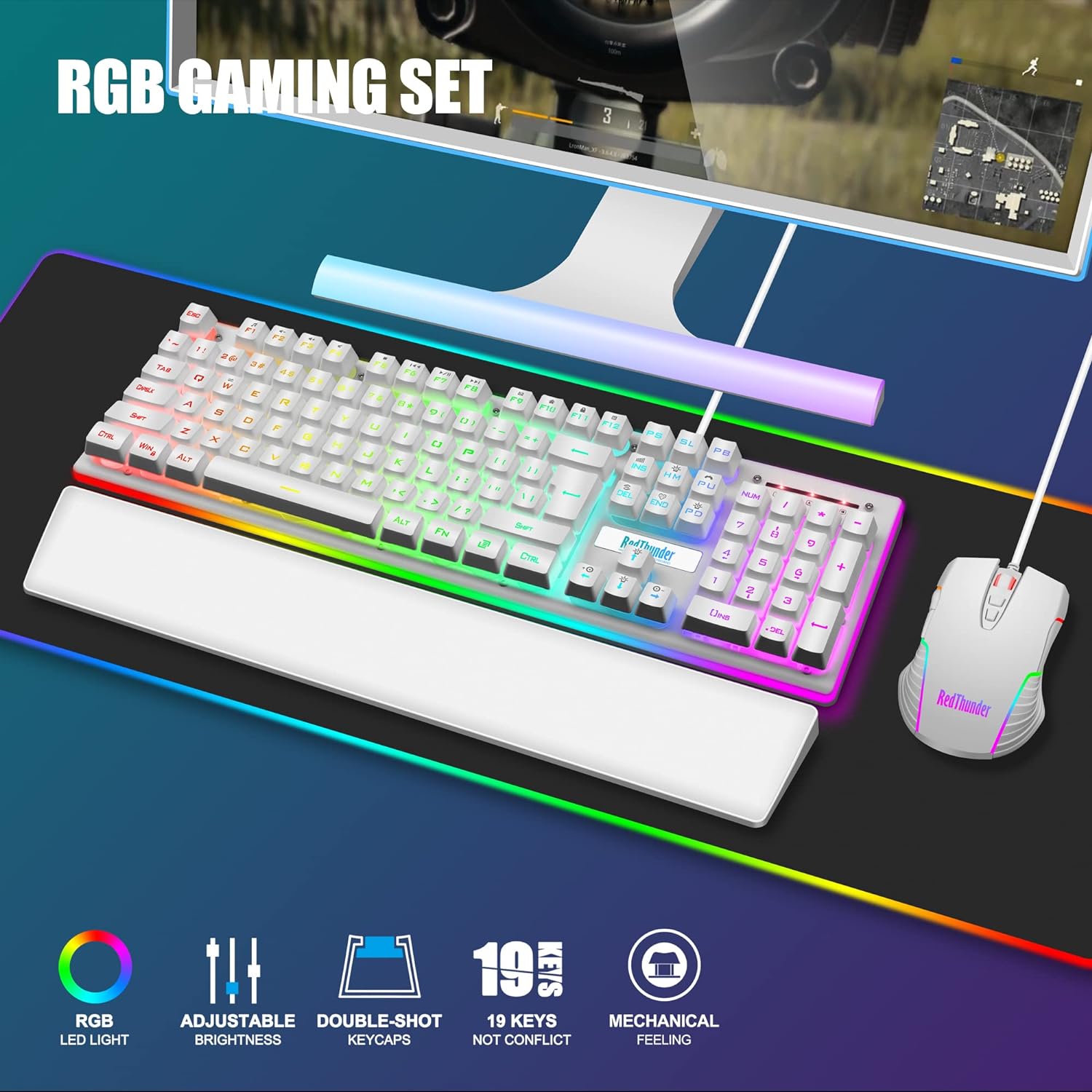 RGB Gaming Keyboard and Mouse Combo,87 Key Gaming Keyboard USB Wired RGB Backlit Gaming Keyboard Mechanical Feeling with Gaming Mouse, White Keyboard Wired Set for PC MAC Chrome PS4 Xbox Laptop