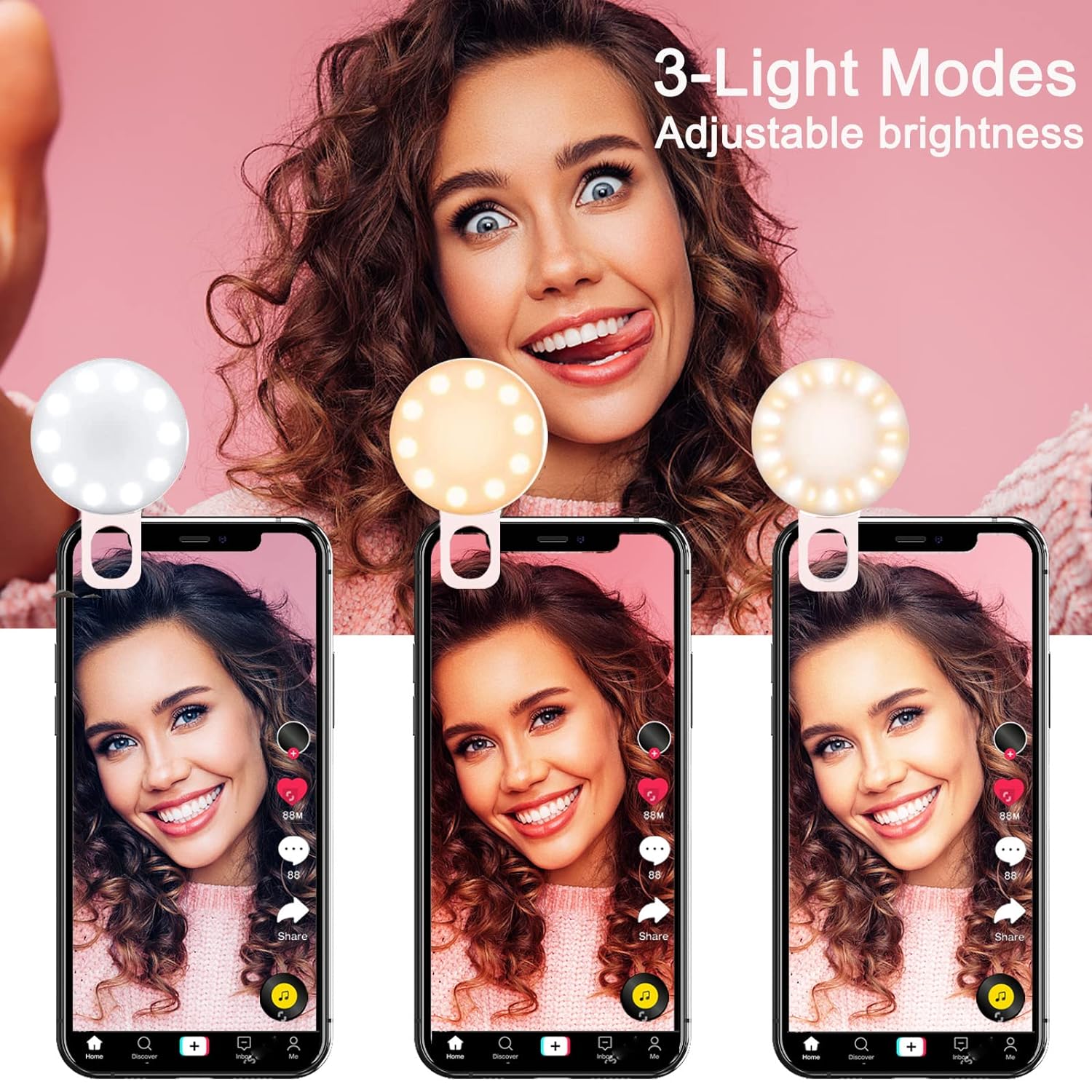 Mini Ring Light, Upgraded Sansent Small Clip On Ring Light, Portable LED Light for Phone, 4 Color Lighting Modes and Adjustable Brightness Selfie Light, Tool for Tiktok Stuff, Photos (Pink)