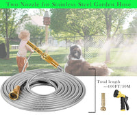 Metal Garden Hose 304 Stainless Steel Water Hose Heavy Duty Water Hose with Metal Nozzle & 8 Function Sprayer, Portable & Lightweight Kink Free Yard Hose, Outdoor 100FT Hose
