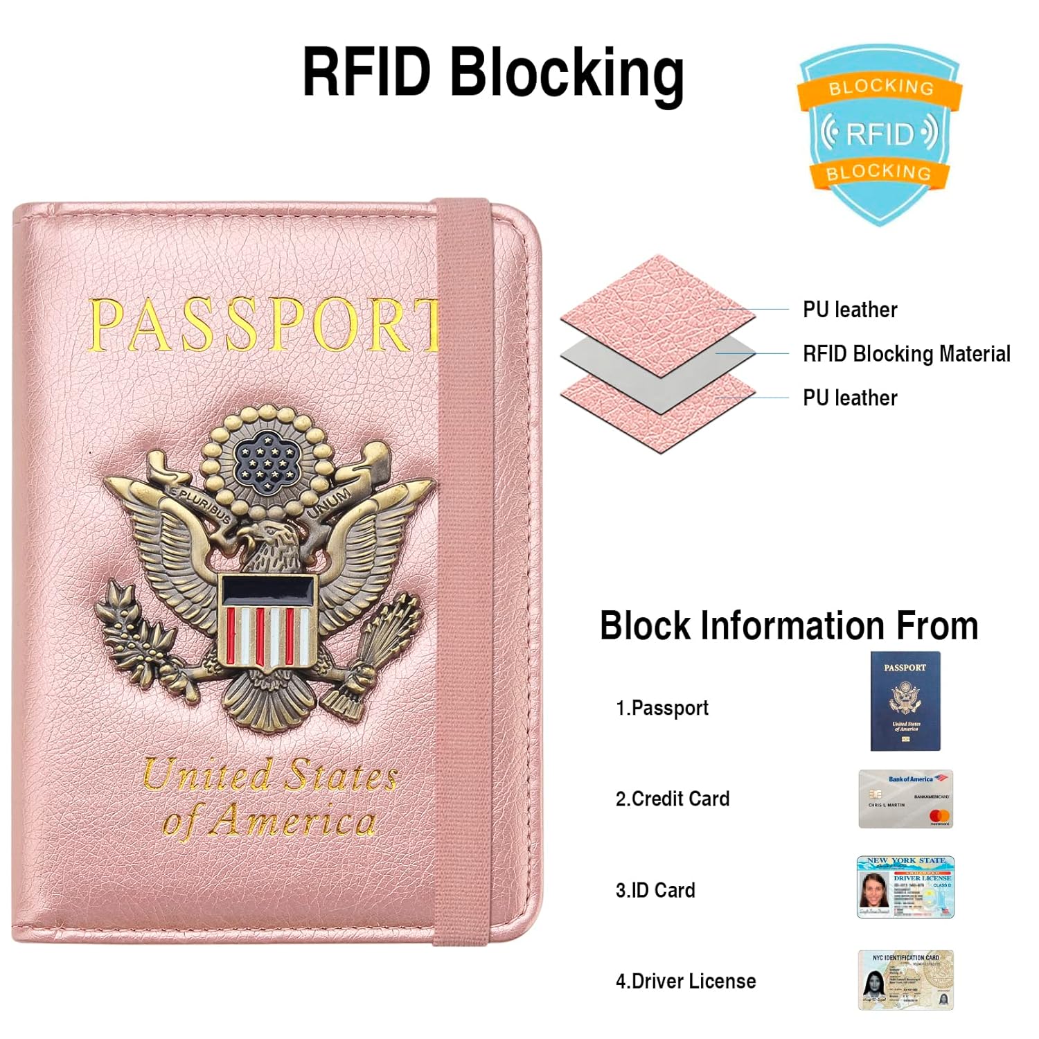 FACATH Passport Holder Cover Case Travel Wallet Case Passport Cards Protector Leather Card Case RFID Blocking Travel Accessories Document Organizer, Rose Gold, Rfid Blocking