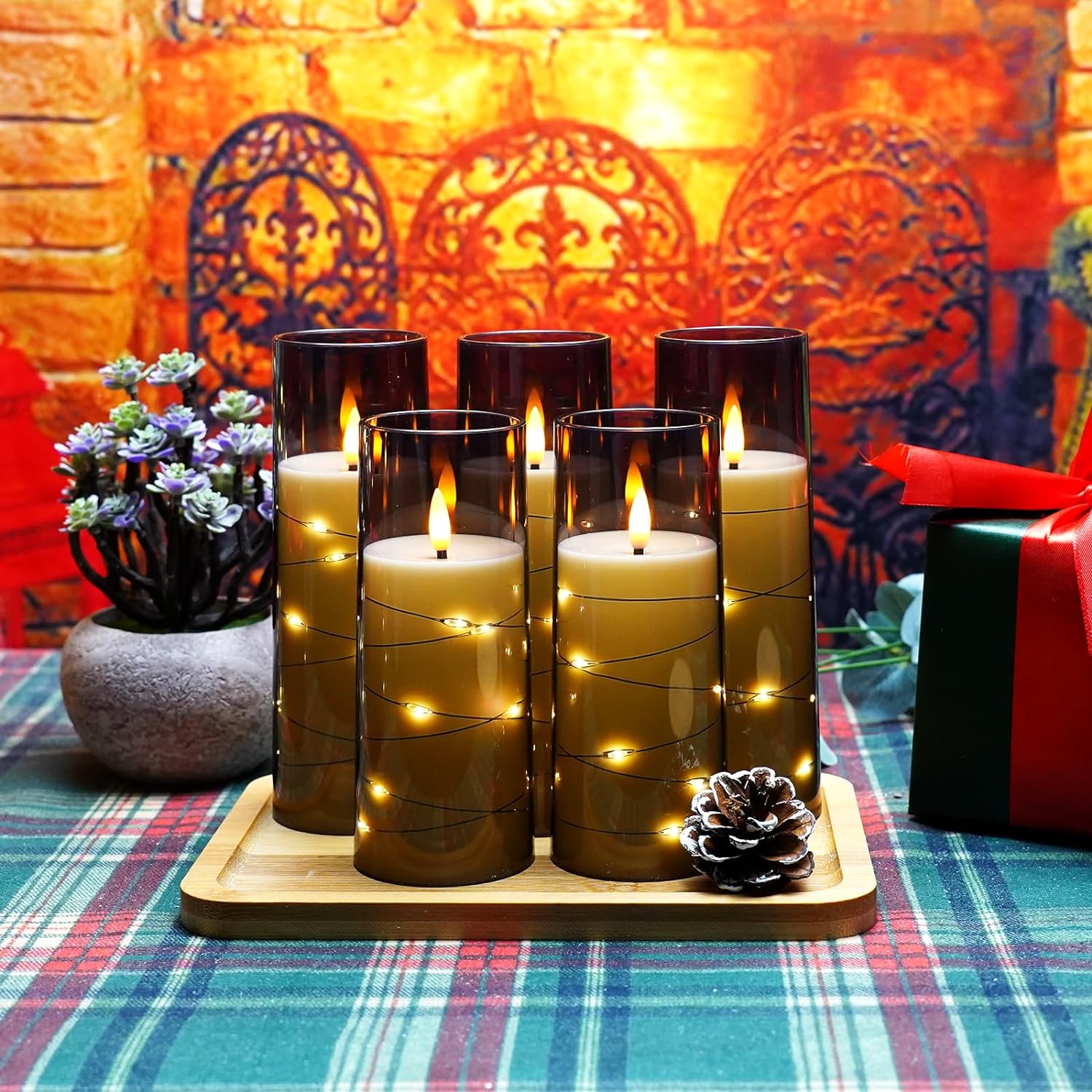 kakoya Flameless LED Candles with Timer 9 Pc Flickering Flameless Candles for Romantic Ambiance and Home Decoration Durable Acrylic Shell,with Embedded Star String，Battery Operated Candles（Grey）