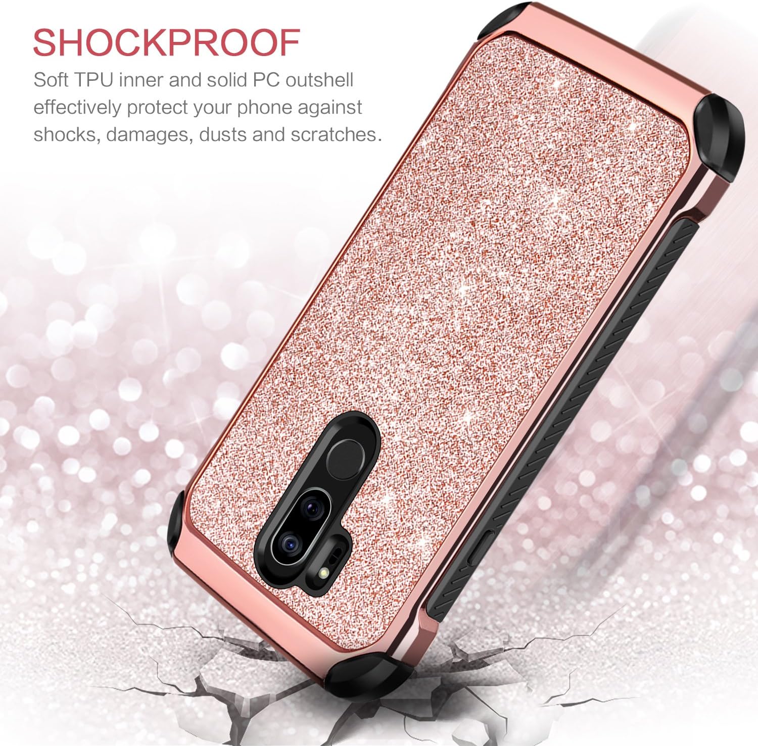 BENTOBEN Case for LG G7 ThinQ, Case for LG G7, Heavy Duty 2 in 1 Hybrid Hard PC Soft TPU Laminated Shiny Faux Leather Chrome Shockproof Cover Protective Phone Case for LG G7/LG G7 ThinQ, Rose Gold