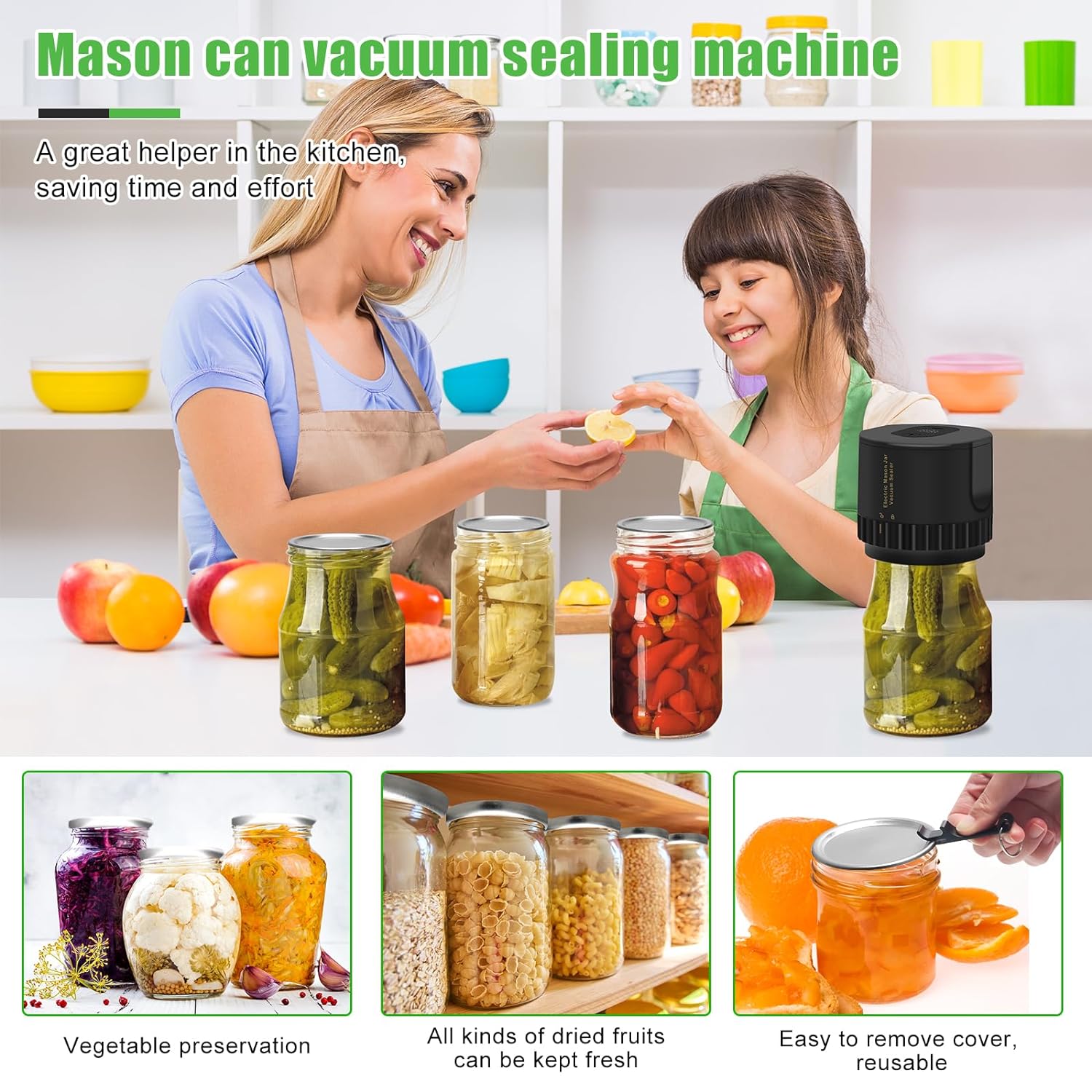 Mason Jar Vacuum Sealer, Coitek Electric Vacuum Sealer For Jars, Black Mason Jar Sealer Vacuum Sealing Kit With 1PCS Lid Opener, 5PCS Wide Mouth and 5PCS Regular Mouth Jar Lids