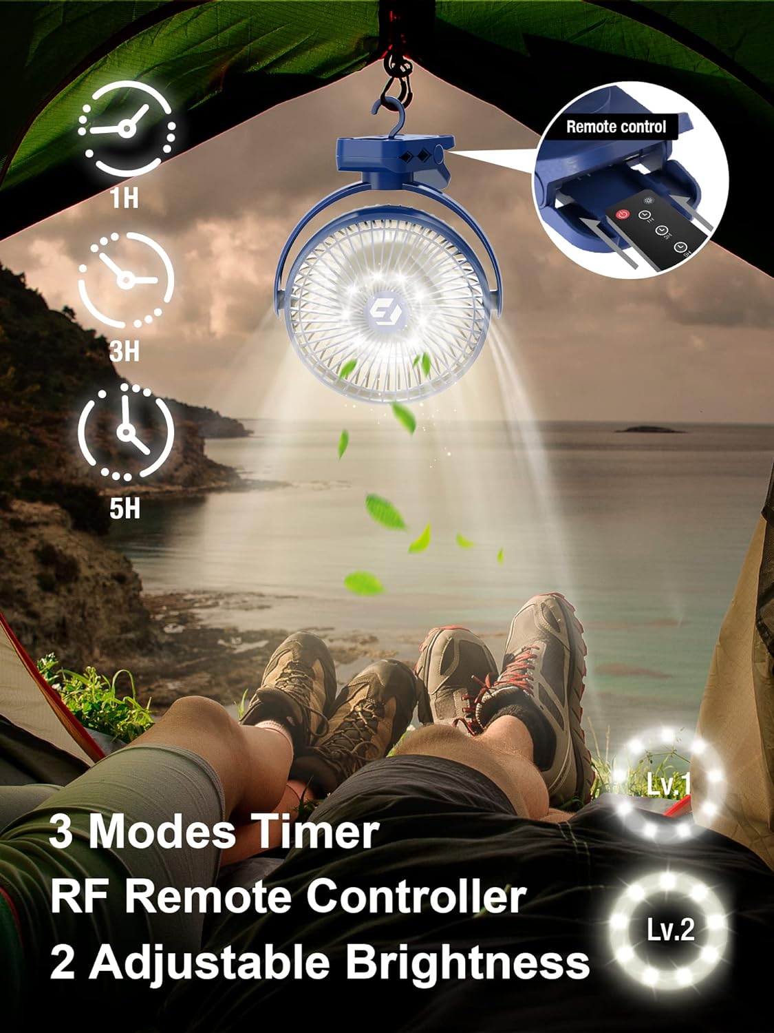 FRIZCOL 12000mAh 8-in Portable Clip On Fan,Battery Operated Camping Fan with lights & Remote