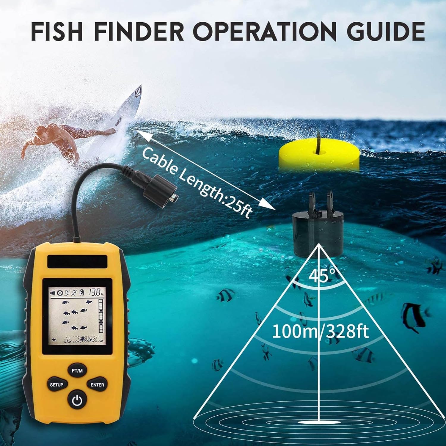 Aoutecen Portable Fish Finder, Portable Fish Depth Finder Multifunctional 5 Modes Sensitivity LCD Display Sonar Sensor for Ice