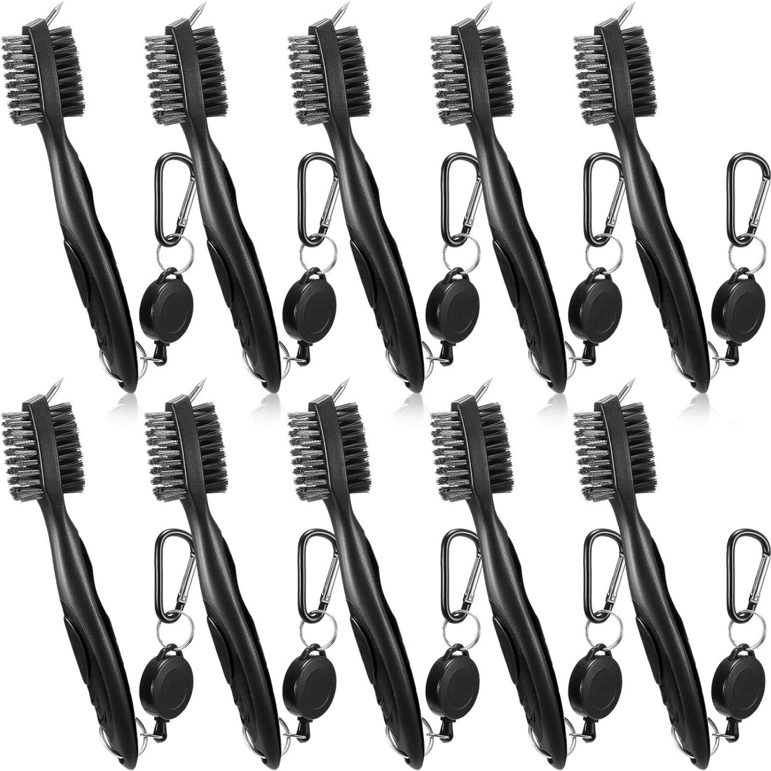 Mifoci 10 Pieces Golf Club Brush and Club Groove Cleaner with 2 ft Retractable Zip-line and Aluminum Hook Buckle Golf Scrub Brush Comfort Handle Cleaning Tools for Golf Club Bag (Black)