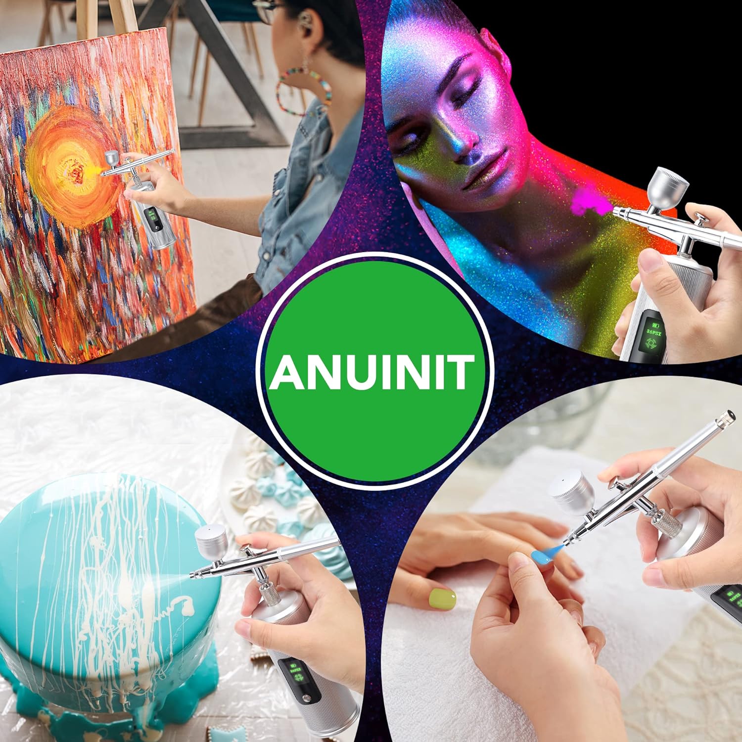 ANUINIT 36PSI Airbrush Kit with Compressor Dual-Action Mode LCD Screen Cordless Handheld Airbrush for Nails, Cake, Makeup, Painting, Artwork Coloring, Upgraded Rechargeable Anti-Slip Airbrush