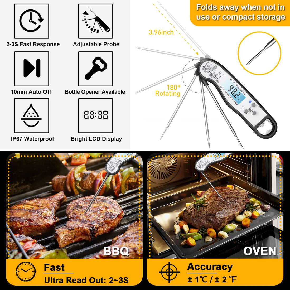 Digital Instant Read Meat Thermometer, Waterproof Ultra Fast Food Thermometer with Backlight and Calibration, Kitchen Cooking Thermometer Probe for Grilling Oven Smoker BBQ, Black