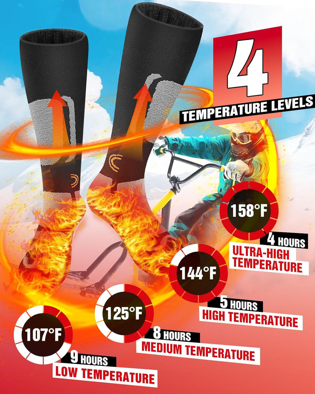 Heated Socks, Electric Heated Socks for Women Men, 4 Heat Settings Rechargeable Heating Socks with 360° Heating, Machine Washable Thermal Electric Socks Unisex Foot Warmer for Hunting Skiing Camping