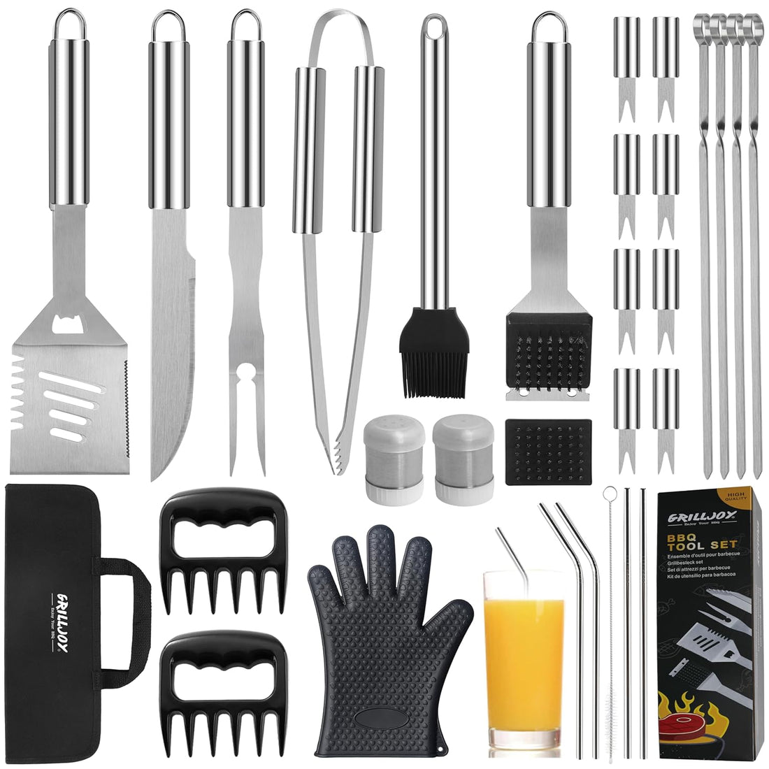 grilljoy 30PCS BBQ Grill Tools Set with Meat Claws - Extra Thick Steel Spatula, Fork& Tongs - Complete Grilling Accessories in Portable Bag - Perfect Grill Gifts for Men and Women