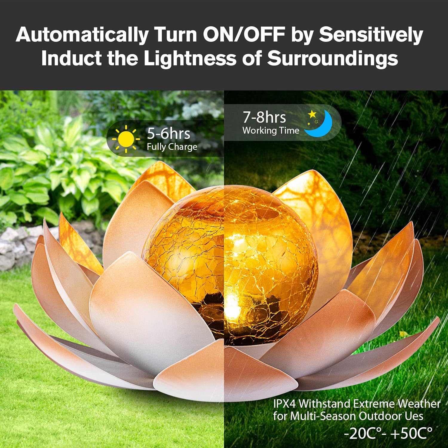 AIINY Garden Solar Light Outdoor , Amber Crackle Globe Glass Lotus Decoration , Waterproof Metal LED Flower Lights for Patio,Lawn,Walkway,Tabletop,Ground