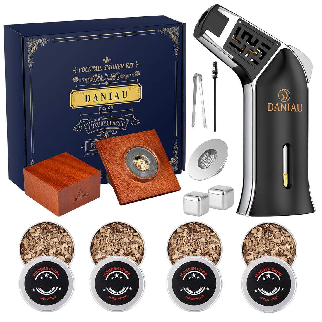 DANIAU Cocktail Smoker Kit with Torch,4 Flavors Wood Chips for Whiskey Smoker Kit,Old Fashioned Cocktail Kit Bourbon Drink Smoker Infuser Kit with Reusable Ice Cubes, Gifts for Men, Dad(square, black)