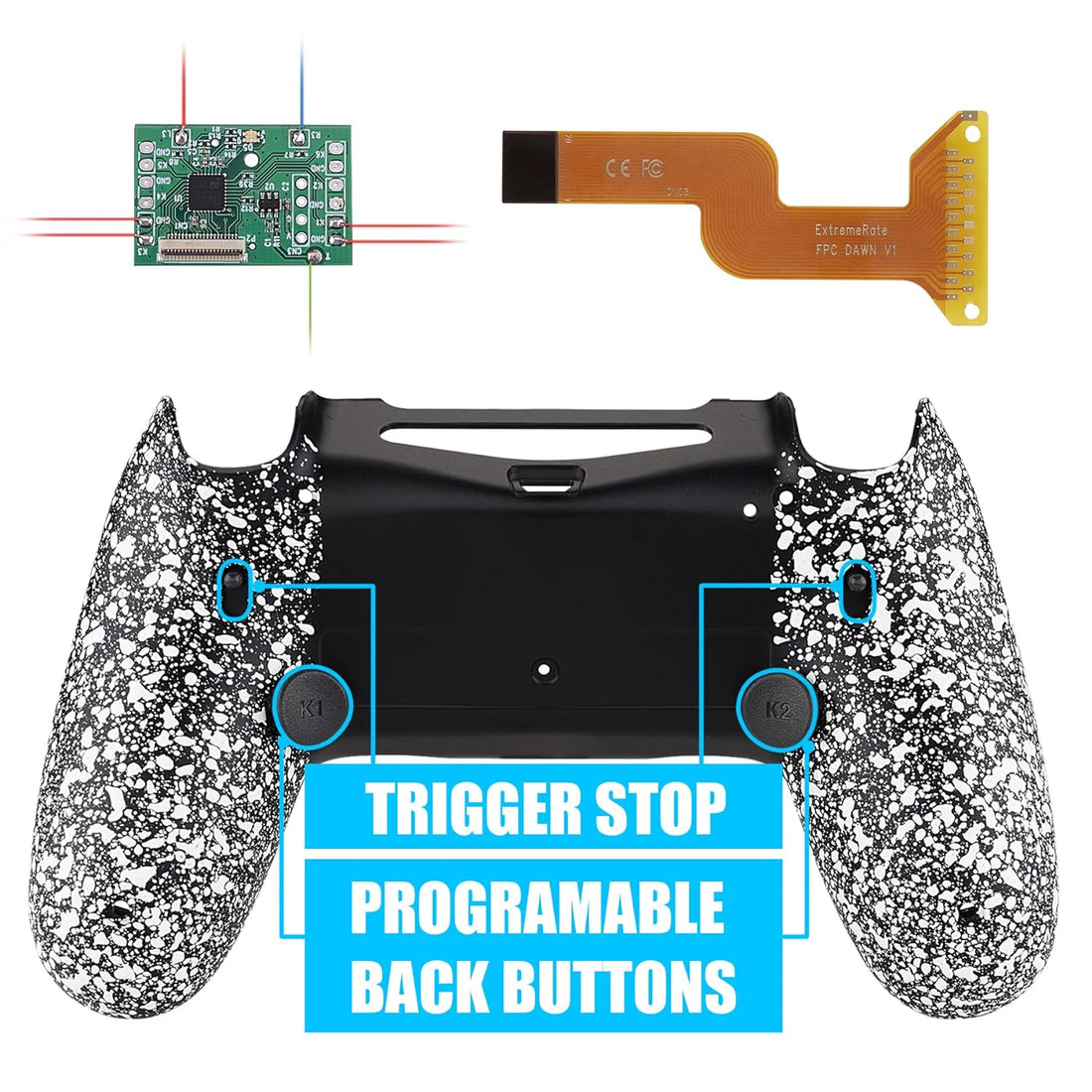 eXtremeRate Textured White Dawn 2.0 FlashShot Trigger Stop Remap Kit for PS4 CUH-ZCT2 Controller, Upgrade Board & Redesigned Back Shell & Back Buttons & Trigger Lock for PS4 Controller JDM 040/050/055