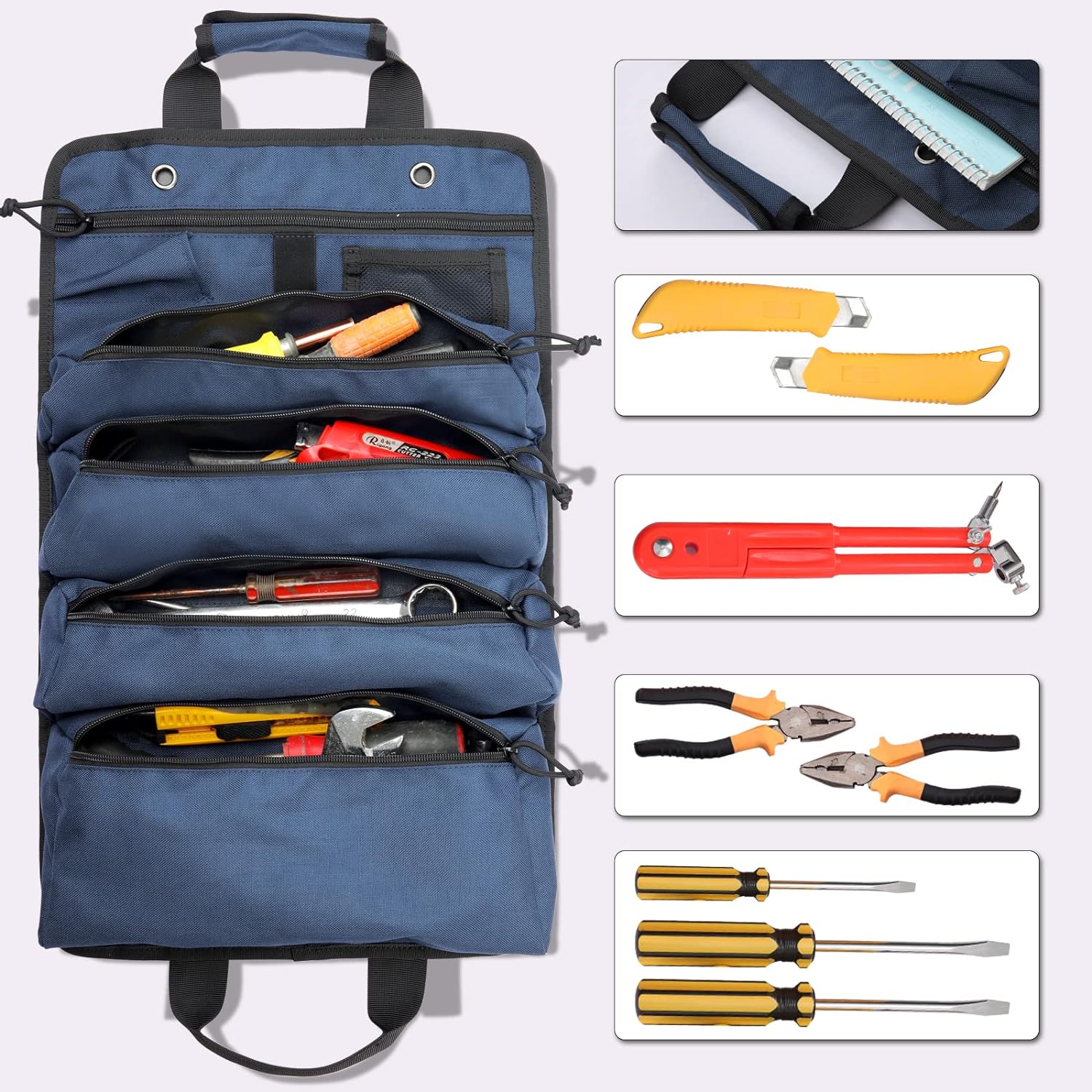 Koolertron Roll Up Tool Bag Organizer, Multi Tool Wrench Roll Tool Storage Bag, 4 Zippers Waterproof Canvas Roll Tool Pockets Bag for Mechanic/Electrician, Tool Roll Pouch