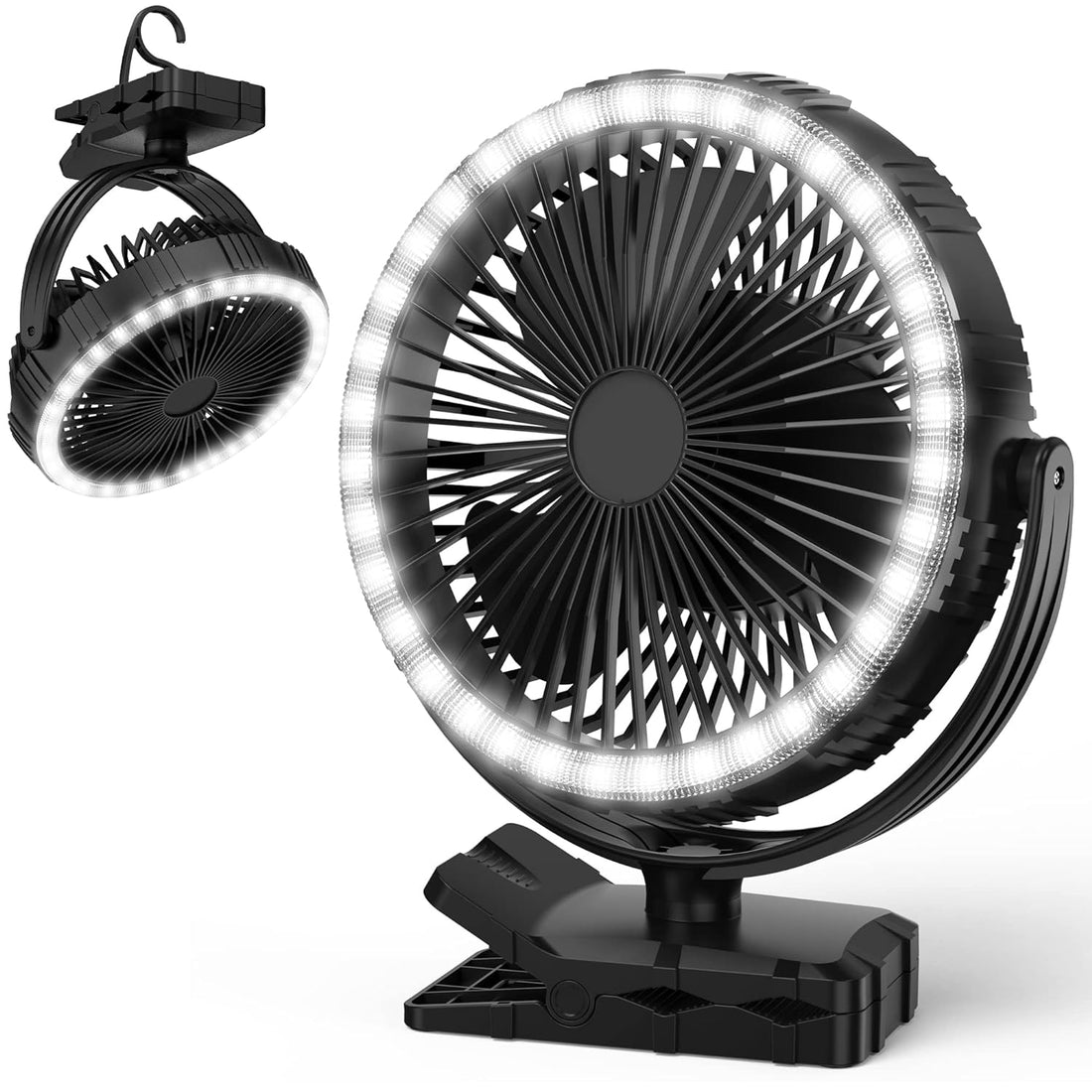 Battery Operated Fan, 10000mAh Camping Fan Battery Powered, 8'' Rechargeable Portable Desk Fan for Bedroom Office, Cordless Clip on Fan with Hook, Light for Golf Cart Outdoor Camping Tent RV Car Bed