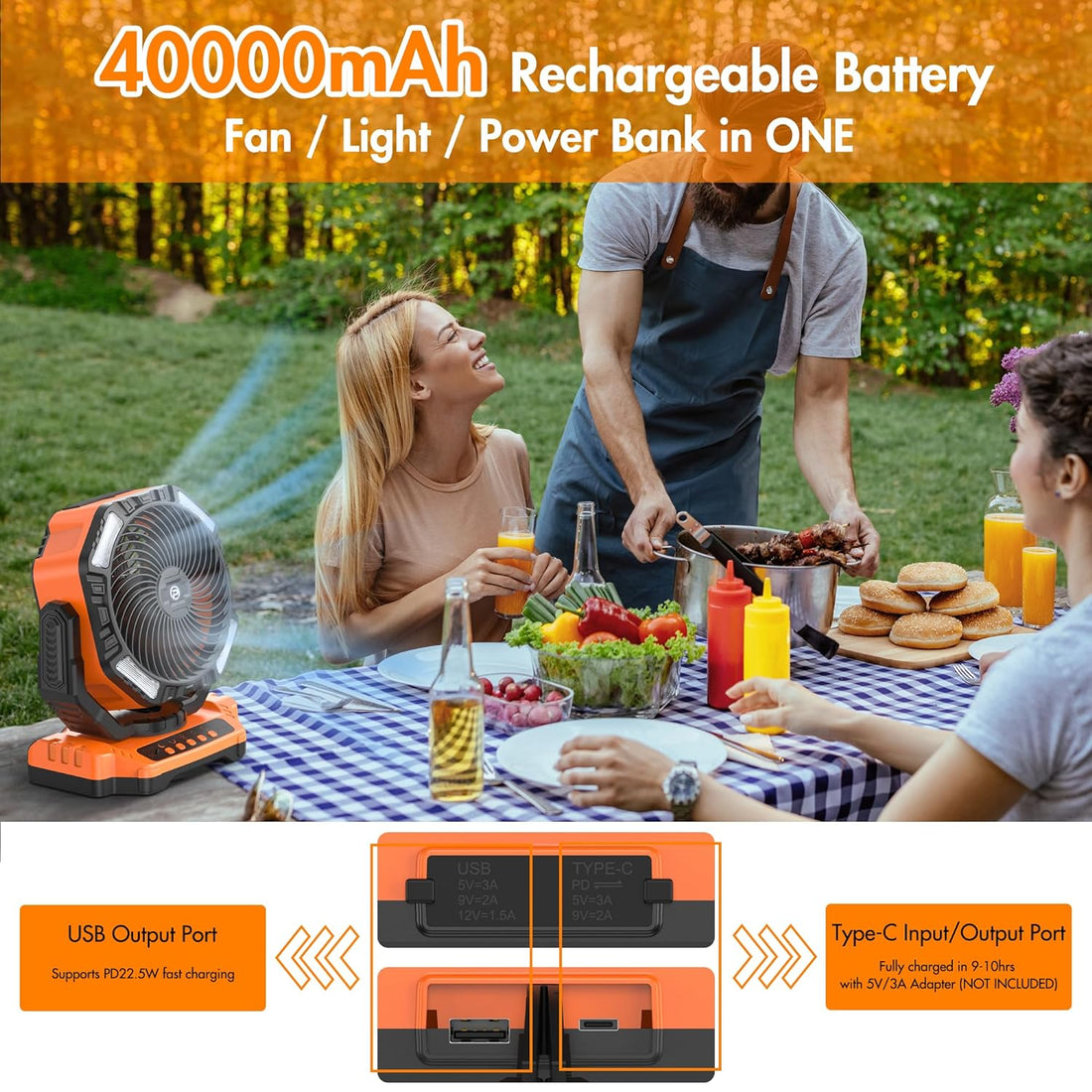 40000mAh Rechargeable Fan, Battery Operated Oscillating Outdoor Fan, Battery Powered Table Fan for Home Hurricane Jobsite Garage, Portable Tent Fan with Remote Light Hook for Camping Trip RV