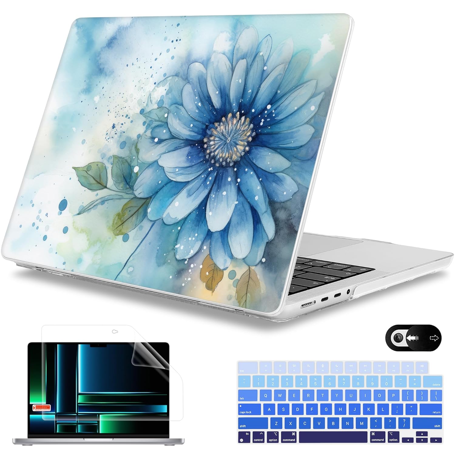 Mektron Case for M3 MacBook Pro 16" M1 A2485/M2 A2780 (2021/2023) with Touch ID, Hard Shell Plastic Laptop Cover Keyboard Skin Compatible MacBook Pro 16.2" M1 Pro/Max Chips, Watercolor Blue Flower